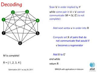 Decoding                                     Scan V in order implied by Y
         2                  3                while come pair in V  V cannot
                                             communicate (M = (V, E') is not
1                                            complete):
                                         4

                                                Add next vertex v in order into R
7                                        5
                                                Compute set X of pairs that do
                                                  not communicate that would if
                   6
                                                  v becomes a regenerator


M is complete!                                  Add X to E'
                                             end while
R = { 1, 2, 3, 4 }                           return R
     Optimization 2011 ✤ July 26, 2011           BRKGA with applications in telecom
 