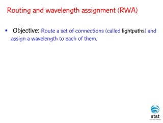 Routing and wavelength assignment (RWA)

• Objective: Route a set of connections (called lightpaths) and
  assign a wavelength to each of them.
 