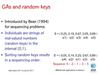 GAs and random keys

• Introduced by Bean (1994)
  for sequencing problems.
• Individuals are strings of             S = ( 0.25, 0.19, 0.67, 0.05, 0.89 )
  real-valued numbers                           s(1) s(2) s(3) s(4) s(5)
  (random keys) in the
  interval [0,1].
• Sorting random keys results           S' = ( 0.05, 0.19, 0.25, 0.67, 0.89 )
  in a sequencing order.                       s(4) s(2) s(1) s(3) s(5)
                                        Sequence: 4 – 2 – 1 – 3 – 5
    Optimization 2011 ✤ July 26, 2011     BRKGA with applications in telecom
 
