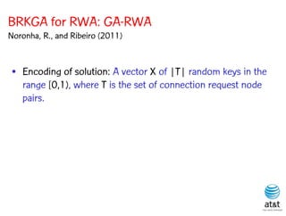 BRKGA for RWA: GA-RWA
Noronha, R., and Ribeiro (2011)


 • Encoding of solution: A vector X of |T| random keys in the
   range [0,1), where T is the set of connection request node
   pairs.
 