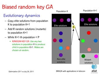 Biased random key GA                                                           Population K+1
                                                Population K
Evolutionary dynamics
 – Copy elite solutions from population
   K to population K+1                        Elite solutions                   Elite solutions
                                                                   X
 – Add R random solutions (mutants)
   to population K+1
 – While K+1-th population < P
     • RANDOM-KEY GA: Use any two
       solutions in population K to produce
       child in population K+1. Mates are
       chosen at random.


                                                 Non-elite                       Mutant
                                                 solutions                       solutions


    Optimization 2011 ✤ July 26, 2011           BRKGA with applications in telecom
 