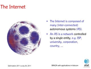 The Internet

                                       • The Internet is composed of
                                         many (inter-connected)
                                         autonomous systems (AS).
                                       • An AS is a network controlled
                                         by a single entity, e.g. ISP,
                                         university, corporation,
                                         country, ...




   Optimization 2011 ✤ July 26, 2011       BRKGA with applications in telecom
 