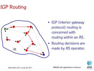 IGP Routing

                                             • IGP (interior gateway
 S                                             protocol) routing is
                                               concerned with
                                               routing within an AS.
                                             • Routing decisions are
           AS                                  made by AS operator.
                                         T




     Optimization 2011 ✤ July 26, 2011          BRKGA with applications in telecom
 