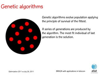 Genetic algorithms
                                       Genetic algorithms evolve population applying
                                       the principle of survival of the fittest.

                                       A series of generations are produced by
                                       the algorithm. The most fit individual of last
                                       generation is the solution.




   Optimization 2011 ✤ July 26, 2011               BRKGA with applications in telecom
 