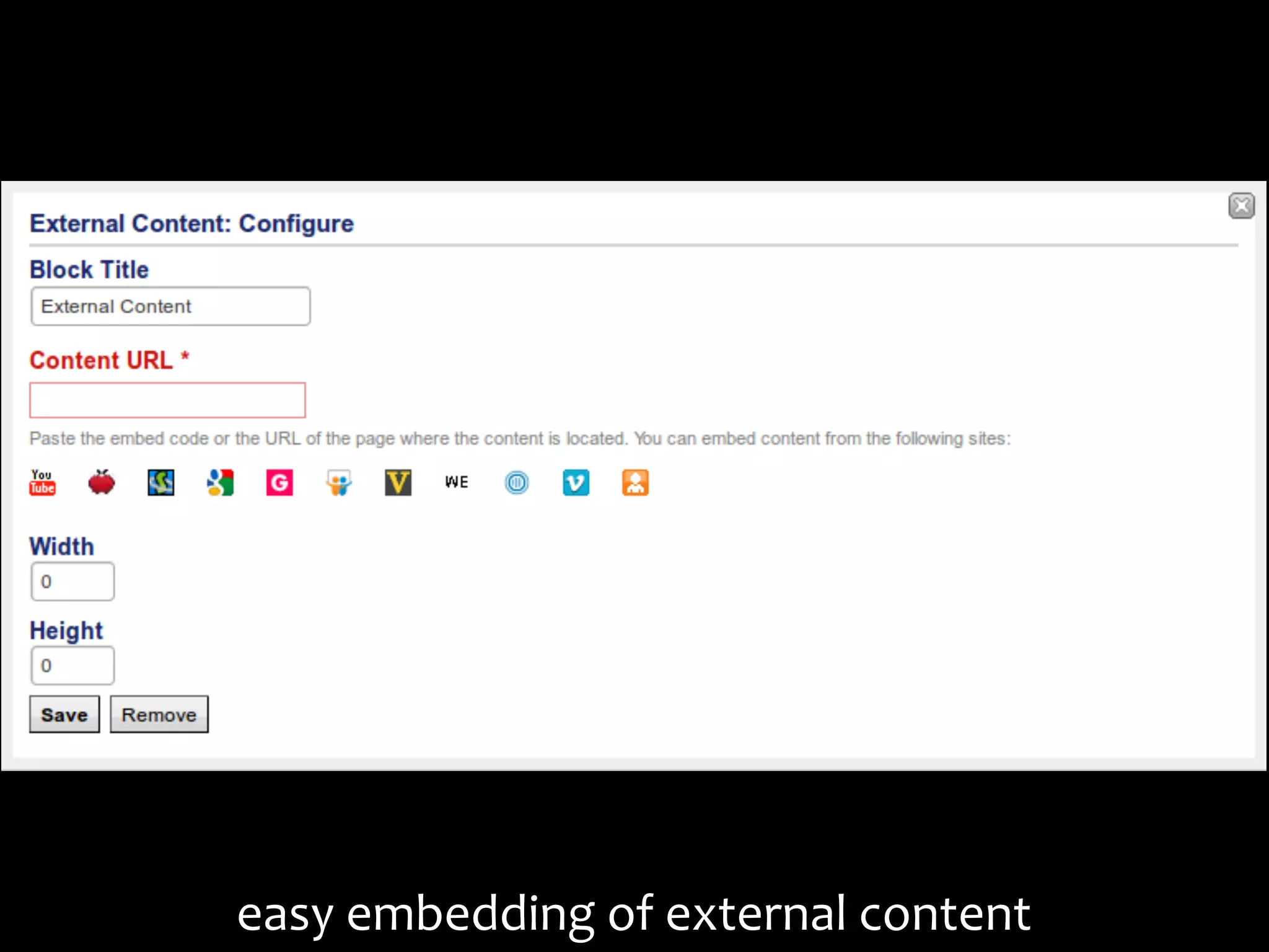 easy	
  embedding	
  of	
  external	
  content
 