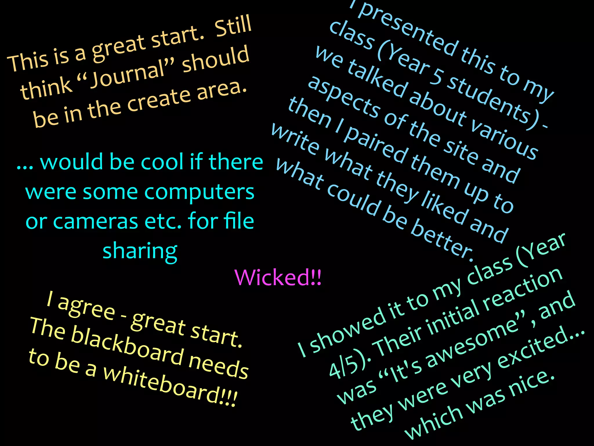 I	
  pr
                                                             	
  	
  Still	
                  cla esen
                          	
  grea          t	
  start.                      	
             we
                                                                                                        ss	
  (             ted
                                                                                                                  Yea 	
  thi
This	
      is    	
  a                              	
  shou         ld                           	
  tal                r	
  5	
          s	
  to
                               ourn           a   l”                                    asp ked                                     stu                     	
  my
  thin        k	
     “J                                              a.
                                            re    at   e	
  are                    the            ect 	
  abo den                                                   	
  
    be       	
  in    	
  the	
  c                                                         n	
  I	
         s	
  o
                                                                                                                   f	
  th        ut	
  v ts)	
  
                                                                                  wr i                pai                                  ario -­‐	
  
                                                                                      te	
  w red e	
  sit                                               us	
  
 ...	
  would	
  be	
  cool	
  if	
  there	
   wh                                                 hat 	
  the e	
  an
                                                                                       at	
  c 	
  the m	
  u d	
  
  were	
  some	
  computers	
                                                                    oul                  y	
  lik p	
  to
                                                                                                            d	
  b              ed	
                   	
  
   or	
  cameras	
  etc.	
  for	
  ﬁle	
                                                                           e	
  b                and
                                                                                                                           ett                    	
                     r	
  
                               sharing                                                                                               er .                         ea
                                                                                                                                                ss        	
  (Y 	
  
                                                                       Wicked!!                                                           cla ction
                                                                                                                                     y	
   a
        I	
  agre
                               e	
  -­‐	
  gre                                                                            o	
  m l	
  re and	
  
                                                                                                                   it	
  t itia
                                                   at	
  star                                                 d	
   	
  in                                    ”,	
   ...	
  
   The	
  bl
                           ackbo                                      t.	
                   ho 	
  Th we eir                              om ited
                                                                                                                                                       e
   to	
  be	
                                  ard	
  ne                               I	
  s                                         es xc
                        a	
  whit                                 eds	
                       4/ 	
  “I5). t's	
  aw ry	
  e
                                             eboar                                                           s                         e nice.
                                                                                                                                e	
  v as	
  
                                                             d!!!                                  wa 	
  wer 	
  w
                                                                                                         th w ey hich
 