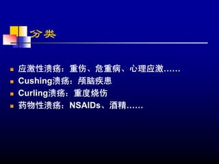 分类

应激性溃疡：重伤、危重病、心理应激……
Cushing溃疡：颅脑疾患
Curling溃疡：重度烧伤
药物性溃疡：NSAIDs、酒精……
 