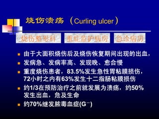 烧伤溃疡（Curling ulcer）
烧伤整形科   重症监护病房   急诊病房

由于大面积烧伤后及烧伤恢复期间出现的出血，
发病急、发病率高、发现晚、愈合慢
重度烧伤患者，83.5%发生急性胃粘膜损伤，
72小时之内有63%发生十二指肠粘膜损伤
约1/3在预防治疗之前就发展为溃疡，约50%
发生出血，危及生命
约70%继发脓毒血症(G－)
 