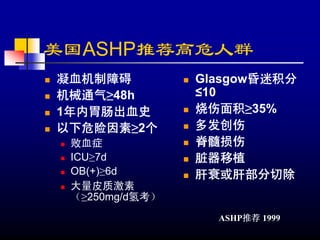 美国ASHP推荐高危人群
凝血机制障碍          Glasgow昏迷积分
机械通气≥48h        ≤10
1年内胃肠出血史        烧伤面积≥35%
以下危险因素≥2个       多发创伤
 败血症            脊髓损伤
 ICU≥7d         脏器移植
 OB(+)≥6d       肝衰或肝部分切除
 大量皮质激素
 （≥250mg/d氢考）
                  ASHP推荐 1999
 