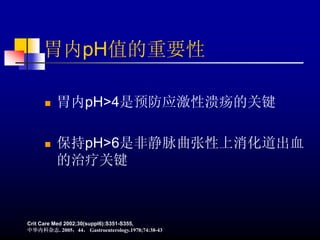 胃内pH值的重要性

          胃内pH>4是预防应激性溃疡的关键

          保持pH>6是非静脉曲张性上消化道出血
          的治疗关键



Crit Care Med 2002;30(suppl6):S351-S355,
中华内科杂志. 2005；44， Gastroenterology.1978;74:38-43
 