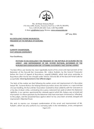 20110729   eals petition to burundi president, h.e. pierre nkurunzinza (on the arrest of mr. isidore rufyikiri, president of the burundi bar association)