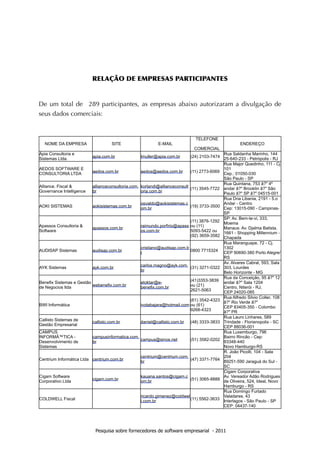 RELAÇÃO	
 DE	
 EMPRESAS	
 PARTICIPANTES


De um total de 289 participantes, as empresas abaixo autorizaram a divulgação de
seus dados comerciais:


                                                                              TELEFONE
  NOME DA EMPRESA                   SITE                   E-MAIL                                   ENDEREÇO
                                                                             COMERCIAL
Ápia Consultoria e                                                                         Rua Saldanha Marinho, 144
                          apia.com.br             lmuller@apia.com.br       (24) 2103-7474 25-640-233 - Petrópolis - RJ
Sistemas Ltda.
                                                                                           Rua Major Quedinho, 111 - Cj
AEDOS SOFTWARE E                                                                           101
                          aedos.com.br             aedos@aedos.com.br       (11) 2773-6069 Cep.: 01050-030
CONSULTORIA LTDA
                                                                                           São Paulo - SP
                                                                                           Rua Quintana, 753 â?" 4º
Alliance. Fiscal &        allianceconsultoria.com. korlandi@allianceconsult (11) 3545-7722 andar â?" Brooklin â?" São
Governance Intelligence   br                       oria.com.br                             Paulo â?" SP â?" 04515-001
                                                                                           Rua Dna Libania, 2191 - 5.o
                                                   osvaldo@aokisistemas.c                  Andar - Centro
AOKI SISTEMAS             aokisistemas.com.br                               (19) 3733-3500 Cep: 13015-090 - Campinas-
                                                   om.br
                                                                                           SP
                                                                                           SP: Av. Bem-te-vi, 333,
                                                                            (11) 3876-1292 Moema
Apassos Consultoria &                              raimundo.porfirio@apass ou (11)
                          apassos.com.br                                                   Manaus: Av. Djalma Batista,
Software                                           os.com.br                5093-5422 ou   1661 - Shopping Millennium -
                                                                            (92) 3659-3582 Chapada
                                                                                           Rua Maranguape, 72 - Cj.
                                                   cristiano@audisap.com.b                 1302
AUDISAP Sistemas          audisap.com.br                                    0800 7715324 CEP 90690-380 Porto Alegre/
                                                   r
                                                                                           RS
                                                                                           Av. Alvares Cabral, 593, Sala
                                                   carlos.magno@ayk.com. (31) 3271-0322 303, Lourdes
AYK Sistemas              ayk.com.br
                                                   br                                      Belo Horizonte - MG
                                                                                           Rua da Conceição, 95 â?" 12
                                                                            (41)3353-3839 andar â?" Sala 1204
Benefix Sistemas e Gestão                          etoktar@e-
                          webenefix.com.br                                  ou (21)
de Negocios ltda                                   benefix.com.br                          Centro, Niterói - RJ,
                                                                            2621-5063      CEP 24020-085
                                                                                           Rua Alfredo Silvio Coller, 108
                                                                            (61) 3542-4323 â?" Rio Verde â?"
BWI Informática                                    ivotabajara@hotmail.com ou (61)         CEP 83405-350 - Colombo
                                                                            9268-4323      â?" PR
                                                                                           Rua Lauro Linhares, 589
Callisto Sistemas de      callisto.com.br          daniel@callisto.com.br (48) 3333-3833 Trindade - Florianopolis - SC
Gestão Empresarial                                                                         CEP 88036-001
CAMPUS                                                                                     Rua Luxemburgo, 796
INFORMÃ™TICA -            campusinformatica.com.                                           Bairro Rincão - Cep:
                                                   campus@sinos.net         (51) 3582-0202 93348-440
Desenvolvimento de        br
Sistemas                                                                                   Novo Hamburgo-RS
                                                                                           R. João Picolli, 104 - Sala
                                                   centrium@centrium.com.                  204
Centrium Informática Ltda centrium.com.br                                   (47) 3371-7764 89251-590 Jaraguá do Sul -
                                                   br
                                                                                           SC
                                                                                           Cigam Corporativa
Cigam Software                                     kauana.santos@cigam.c                   Av. Vereador Adão Rodrigues
                          cigam.com.br                                      (51) 3065-8888 de Oliveira, 524, Ideal, Novo
Corporativo Ltda                                   om.br
                                                                                           Hamburgo - RS
                                                                                           Rua Domingo Furtado
                                                   ricardo.gimenez@coldwel                 Valadares, 43
COLDWELL Fiscal                                                             (11) 5562-3633 Interlagos - São Paulo - SP
                                                   l.com.br
                                                                                           CEP: 04437-140




                            Pesquisa sobre fornecedores de software empresarial - 2011
 
