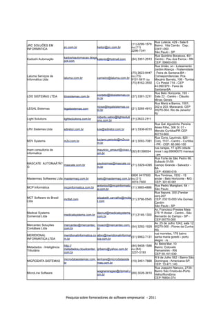 Rua Lutécia, 429 - Sala 6
                                                                               (11) 2296-1578
JRC SOLUÕES EM                                                                                   Bairro: Vila Carrão Cep.:
                           jrc.com.br                 heitor@jrc.com.br        ou (11)
INFORMATICA                                                                                      03411-000
                                                                               2296-7341         São Paulo - SP
                                                                                                 Rua Quintino Bocaiuva, 401
                           kadoshiautomacao.blogs kalenio@hotmail.com
Kadoshi Automação                                                              (84) 3351-2913    Centro - Pau dos Ferros - RN
                           pot.com                                                               CEP: 59900-000
                                                                                                 Rua União, sn - Loteamento
                                                                                                 Jardim Aliança - Fraternidade
                                                                             (75) 3623-8447      - Feira de Santana-BA -
Laluma Serviços de                                                           ou (75)             Correspondencias: Pca
                           laluma.com.br              carneiro@laluma.com.br 9131-5611 ou
Informática Ltda                                                                                 Macário Barreto, 106 - Tomba
                                                                             (75) 8162-3550      - Cx Postal 714 - CEP
                                                                                                 44.090.970 - Feira de
                                                                                                 Santana-BA
                                                                                                 Rua Belo Horizonte, 193 -
                                                      contato@ldosistemas.co (37) 3381-3211
LDO SISTEMAS LTDA          ldosistemas.com.br                                                    Sala 22 - Centro - Cláudio
                                                      m.br                                       Minas Gerais
                                                                                                 Rua Mariz e Barros, 1001,
                                                      njose@legalsistemas.co                     202 e 203, Maracanã, CEP
LEGAL Sistemas             legalsistemas.com                                 (21) 3269 4913
                                                      m.br                                       20270-004, Rio de Janeiro/
                                                                                                 RJ
                                                      roberto.sabio@lightsoluti
Light Solutions            lightsolutions.com.br                                (11) 2822-2111
                                                      ons.com.br
                                                                                              Rua Gal. Agostinho Pereira
                                                                                              Alves Filho, 306 Sl. 01 -
LRV Sistemas Ltda          sdiretor.com.br            luis@sdiretor.com.br     (41) 3336-0015 Mercês Curitiba/PR CEP
                                                                                              80710-600
                                                                                              Rua Cons. Laurindo, 825 -
                                                      luciano.peixoto@m2v.co (41) 3093-7081 Conj. 1107 - Centro - Curitiba
M2V Systems                m2v.com.br
                                                      m.br                                    - PR - CEP: 80.060-100
                                                                                              rua carajas, 17 q/25 cidade
mam consultoria de                                    mauricio_amauri@vivax.c (92) 81398554 nova I cep:69090070 manaus
informatica                                           om.br                                   - am
                                                                                              Rua Forte de São Pedro 66,
                                                                                              Subsolo 01/05
MASCATE AUTOMAÃ?Ã? mascate.com.br                     paulosimas@mascate.co (71) 3329-4395 Campo Grande - Salvador -
O                                                     m.br                                    BA
                                                                                              CEP: 40080-016
                                                                               0800 9417500 Rua Timbiras, 1532 - 15
Mastermaq Softwares Ltda. mastermaq.com.br            beto@mastermaq.com.br ou (31)           andar - Belo Horizonte - MG -
                                                                               3519-7500      CEP: 30140 061
                                                      antoniocf@mcpinformatic                 Rua Pedro Marigliani, 64 -
MCP Informática            mcpinformatica.com.br                               (11) 3865-4886 São Paulo
                                                      a.com.br
                                                                                              Rua Itapura, 300 2ºandar
                                                                                              conj.207
MCT Software do Brasil                                elizabeth.carvalho@mctla (11) 3796-0545 CEP: 03310-000 Vila Gomes
                           mctlat.com
Ltda                                                  t.com                                   Cardim
                                                                                              São Paulo - SP
                                                                                              Av. Francisco Prestes Maia
Medical Systems                                       dacruz@medicalsystems.                  275 11 Andar - Centro - São
                           medicalsystems.com.br                               (11) 2146-1300 Bernardo do Campo - SP -
Comercial Ltda                                        com.br
                                                                                              CEP 09770-000
                                                                                              Av. 25 de Julho 1242, sala 12
Mercantec Soluções         mercantec@mercantec.       moacir@mercantec.com. (54) 3292-1929 95270-000 - Flores da Cunha
Contábeis Ltda             com.br                     br                                      RS
                                                                                              rua morretes, 178 bairro
MERIDIONAL                 meridionalinformatica.co   albio@meridionalinformat (51) 9962-7131 santa maria goretti - porto
INFORMATICA LTDA           m.br                       ica.com.br                              alegre - rs
                                                                                              Av Beira Mar, 10
                           http://                                             (84) 9408-1586 Bairro: Cotovelo
Metadados - Inteligência
                           metadados.cloudcenter.     ijribeiro@yahoo.com.br ou (84)
Tributária                                                                                    Parnamirim - RN
                           com.br                                              3237-3193      CEP 59.161-030
                                                                                              R 9 de Julho 562 - Bairro São
                           microdatasistemas.com.     lenhare@microdatasiste (19) 3461-7888 Domingos - Americana-SP.
MICRODATA SISTEMAS
                           br                         mas.com.br                              CEP: 13.471.140
                                                                                              Rua Joaquim Nanuco, 2739-
                                                      wagneraragao@zipmail.c                  Bairro São Cristovão-Porto
MicroLine Software                                                             (69) 3026-3610 Velho/Rondônia
                                                      om.br
                                                                                              CEP 76804-074




                            Pesquisa sobre fornecedores de software empresarial - 2011
 