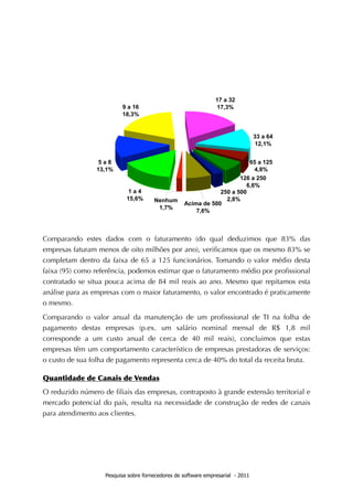 Comparando estes dados com o faturamento (do qual deduzimos que 83% das
empresas faturam menos de oito milhões por ano), veriﬁcamos que os mesmo 83% se
completam dentro da faixa de 65 a 125 funcionários. Tomando o valor médio desta
faixa (95) como referência, podemos estimar que o faturamento médio por proﬁssional
contratado se situa pouca acima de 84 mil reais ao ano. Mesmo que repitamos esta
análise para as empresas com o maior faturamento, o valor encontrado é praticamente
o mesmo.

Comparando o valor anual da manutenção de um proﬁsssional de TI na folha de
pagamento destas empresas (p.ex. um salário nominal mensal de R$ 1,8 mil
corresponde a um custo anual de cerca de 40 mil reais), concluimos que estas
empresas têm um comportamento característico de empresas prestadoras de serviços:
o custo de sua folha de pagamento representa cerca de 40% do total da receita bruta.

Quantidade	
 de	
 Canais	
 de	
 Vendas
O reduzido número de ﬁliais das empresas, contraposto à grande extensão territorial e
mercado potencial do país, resulta na necessidade de construção de redes de canais
para atendimento aos clientes.




                    Pesquisa sobre fornecedores de software empresarial - 2011
 
