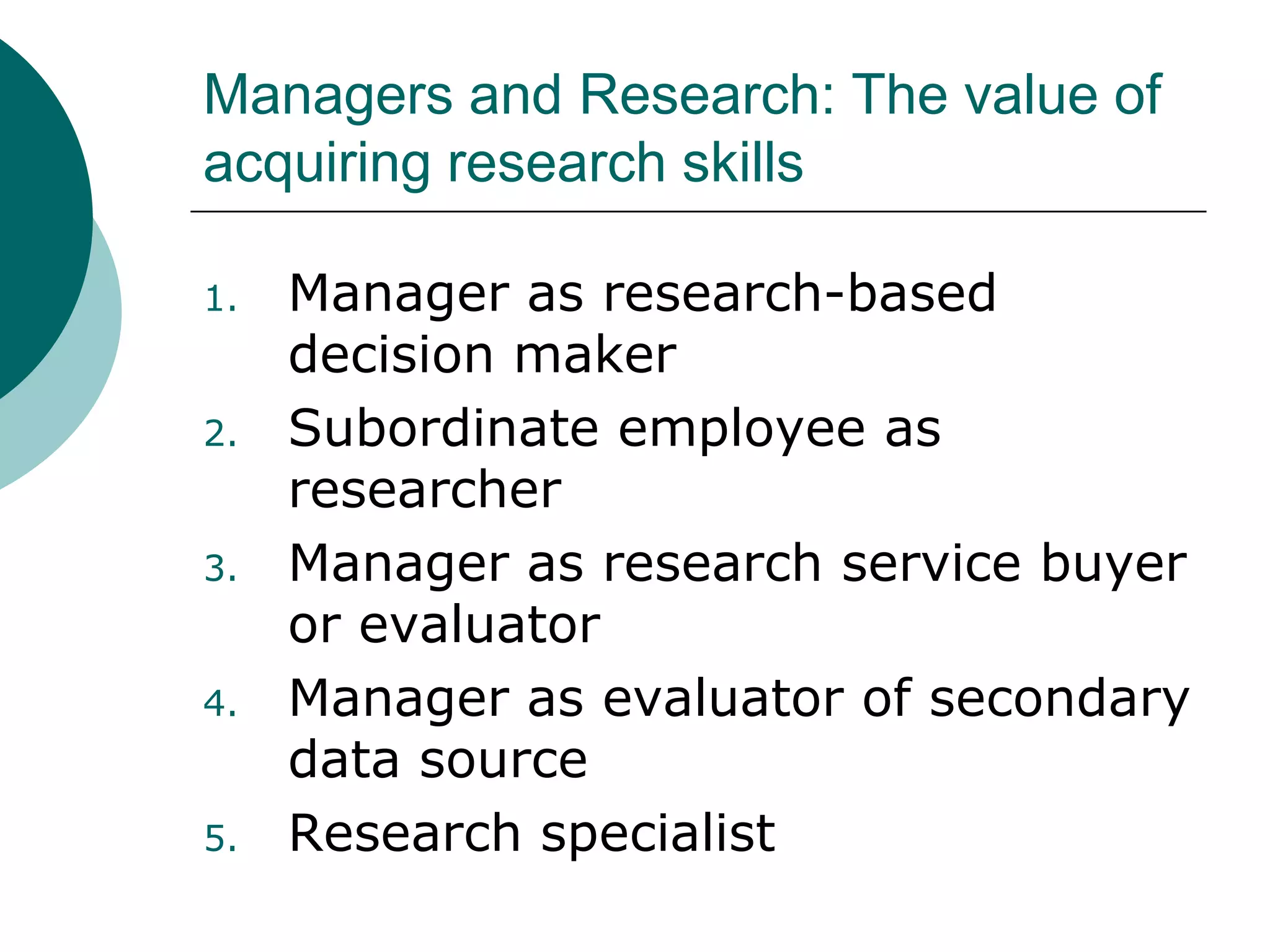 Types of ResearchApplied Research:  Research done with the intention of applying the results of its finding to solving specific problems currently being experienced in the organisation.Basic Research: Research done with the intention to generate more knowledge and understanding of the phenomena that occur and to build theories based on the research results.Both types of research follow the same steps of systematic inquiry to arrive at solutions to problems. 