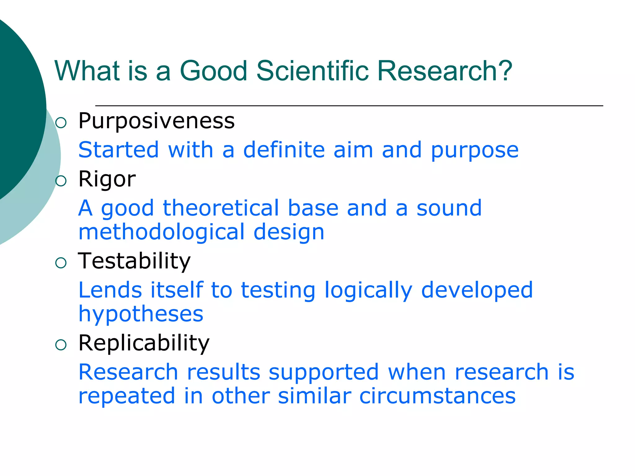 Purpose of ResearchExplanatory: attempts to explain the reasons for the phenomenon that the descriptive study only observed. The researcher uses theories or at least hypotheses to account for the forces that caused a certain phenomenon to occur.Predictive: Is just as rooted in theory as explanation.Control: Being able to replicate a scenario and dictate a particular outcome is the objective of control