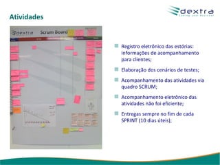 Atividades Registro eletrônico das estórias: informações de acompanhamento para clientes; Elaboração dos cenários de testes; Acompanhamento das atividades via quadro SCRUM; Acompanhamento eletrônico das atividades não foi eficiente; Entregas sempre no fim de cada SPRINT (10 dias úteis); 
