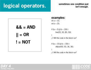 logical operators.
                                            sometimes one condition just
                                                           isn’t enough.




                                 examples:
                                 int a = 10;
                                 int b = 20;

                      && = AND   if ((a > 5) || (b < 30)) {
                                       line(20, 50, 80, 50);
                      || = OR    }
                                 // Will the code in the block run?

                      ! = NOT    if ((a > 15) || (b < 30)) {
                                       ellipse(50, 50, 36, 36);
                                 }
                                 // Will the code in the block run?




DAY 4
Tuesday, 4 Aug 2011
                                                                      CODE
                                                                      bootcamp 2011
 