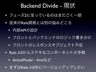 Backend Divide -
•             2
•         Rails
    •     API
    •
    •
• Rails 3.0
    • ActiveModel Arel
•         Rails 3.0
 