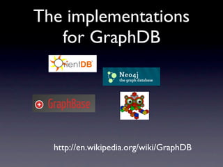 The implementations
   for GraphDB




  http://en.wikipedia.org/wiki/GraphDB
 