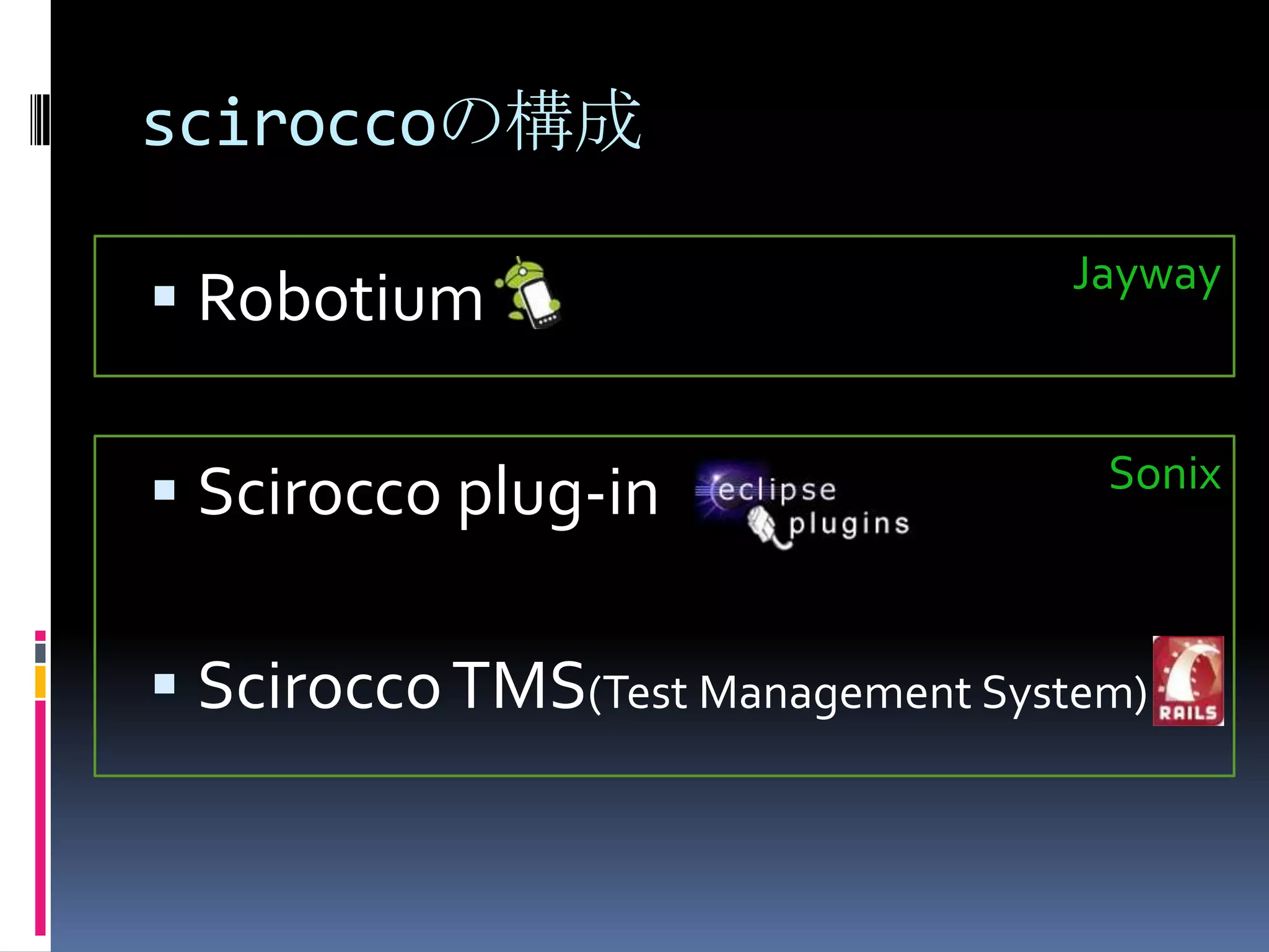 sciroccoの構成JaywayRobotiumScirocco plug-inScirocco TMS(Test Management System)Sonix