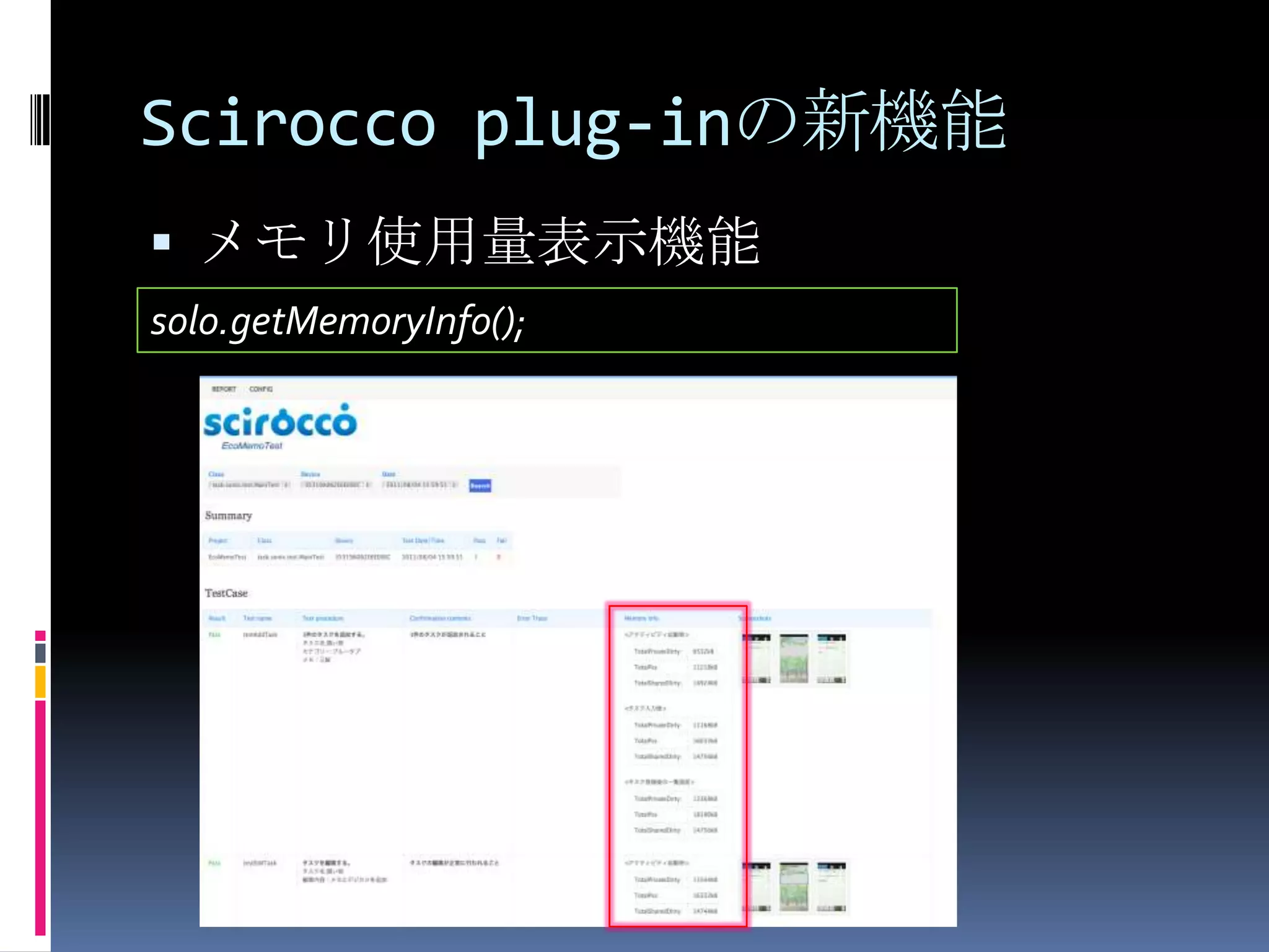 Scirocco plug-inの新機能メモリ使用量表示機能solo.getMemoryInfo();