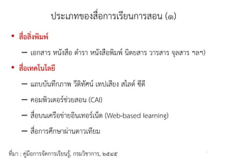 ประเภทของสอการเรยนการสอน
                   ประเภทของสื่อการเรียนการสอน (๑)
 • สื่อสิ่งพิมพ์
   สอสงพมพ
     – เอกสาร หนังสือ ตํารา หนังสือพิมพ์ นตยสาร วารสาร จุลสาร ฯลฯ)
              หนงสอ ตารา หนงสอพมพ นิตยสาร              จลสาร
 • สื่อเทคโนโลยี
     – แถบบันทึกภาพ วีดิทัศน์ เทปเสียง สไลด์ ซีดี
     – คอมพิวเตอร์ช่วยสอน (CAI)
     – สื่อบนเครือข่ายอินเทอร์เน็ต (Web-based Iearning)
     – สื่อการศึกษาผ่านดาวเทียม

ที่มา : คู่มือการจัดการเรียนรู,้ กรมวิชาการ, ๒๕๔๕                    7
 