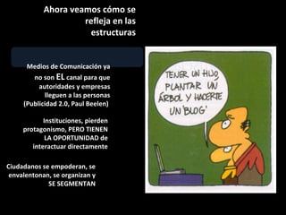 Ahora veamos cómo se refleja en las estructuras Instituciones, pierden protagonismo, PERO TIENEN LA OPORTUNIDAD de interactuar directamente Ciudadanos se empoderan, se envalentonan, se organizan y SE SEGMENTAN Medios de Comunicación ya no son  EL  canal para que autoridades y empresas lleguen a las personas (Publicidad 2.0, Paul Beelen)  