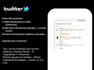 Tips: uso de hashtags para buscar palabras y agrupar temas -  N°seguidores <> influencia Permite agrupar en listados - Ofrece posibilidad de widgets – acortar url con j.mp Hasta 140 caracteres 1 millón de personas en Chile  (Comscore) Suelen darse discusiones elevadas… y mucho humor. Permite conversaciones públicas y privadas… Sugerido para monitoreo  