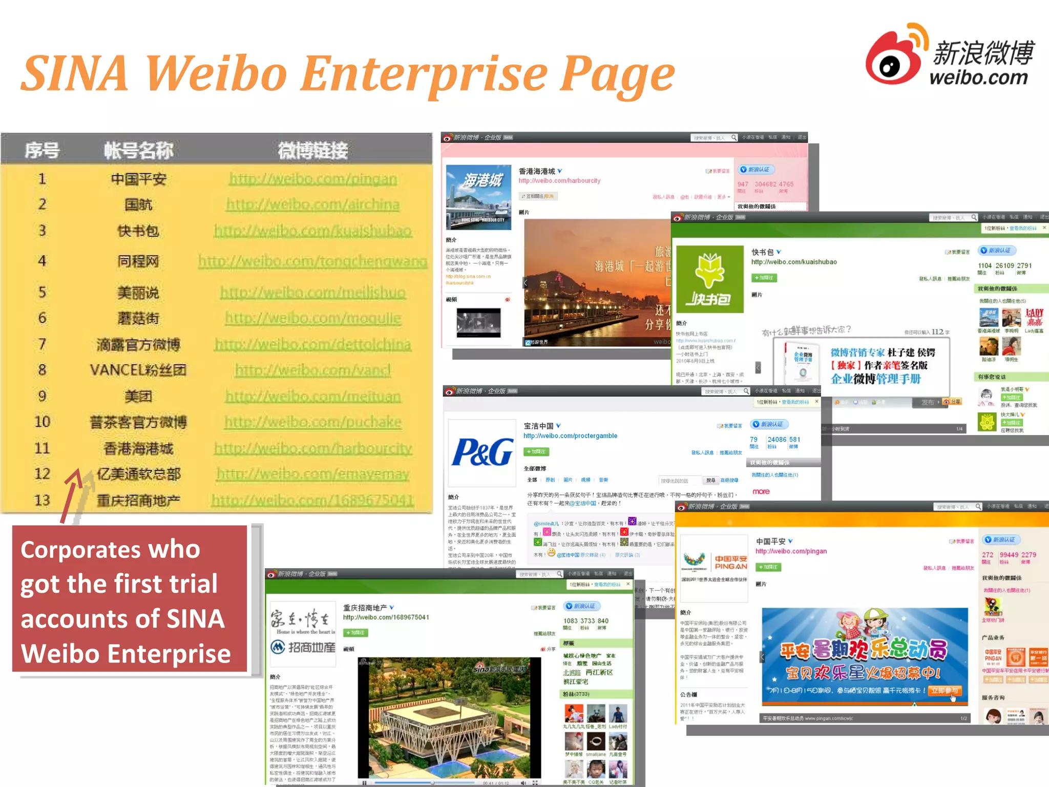 SINA Weibo Enterprise Page Corporates  who got the first trial accounts of SINA Weibo Enterprise 