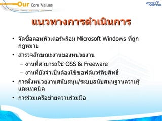 แนวทางการดำเนินการ จัดซื้อคอมพิวเตอร์พร้อม  Microsoft Windows  ที่ถูกกฎหมาย สำรวจลักษณะงานของหน่วยงาน งานที่สามารถใช้  OSS & Freeware งานที่ยังจำเป็นต้องใช้ซอฟต์แวร์ลิขสิทธิ์ การตั้งหน่วยงานสนับสนุน / ระบบสนับสนุนฐานความรู้ และเทคนิค การร่วมเครือข่ายความร่วมมือ 