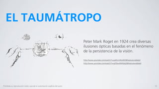 EL TAUMÁTROPO
                                                                                  Peter Mark Roget en 1924 crea diversas
                                                                                  ilusiones ópticas basadas en el fenómeno
                                                                                  de la persistencia de la visión.

                                                                                  http://www.youtube.com/watch?v=pdGnn9JzdOE&feature=related
                                                                                  http://www.youtube.com/watch?v=yD0ovANHdqQ&feature=related




Prohibida su reproducción total o parcial sin autorización explícita del autor.                                                                10
 