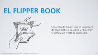 EL FLIPPER BOOK

                                                                                  Secuencia de dibujos uno en un pedazo
                                                                                  de papel distinto. Al unirse y “hojearse”
                                                                                  se genera un efecto de animación.




Prohibida su reproducción total o parcial sin autorización explícita del autor.                                               14
 