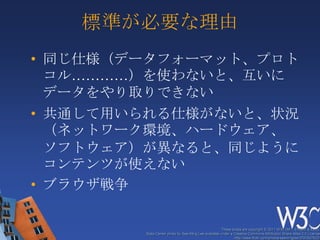 仕様策定プロセス特徴：1, 実装主義2, Consensus方式3, Director判断Recommendation勧告Directorの判断ProposedRecommendationACによる投票CandidateRecommendation実装例を待つLast CallWorking Draft他のグループとの整合性を取るWorking DraftCoordination GroupInterest GroupWorking GroupIncubator Group