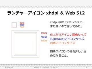 ランチャーアイコン xhdpi ＆ Web 512

                                xhdpi用はリファレンスに、
                                まだ無いので作ってみた。


                                仕上がりアイコン画像サイズ
                                丸(default)アイコンサイズ
                                四角アイコンサイズ


                                四角アイコンの場合少し小さ
                                めに作ること。



2011/09/17   Android UI Guidelines より アイコン        38
 