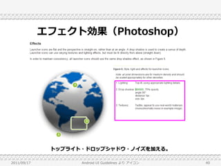 エフェクト効果（Photoshop）




              トップライト・ドロップシャドウ・ノイズを加える。

2011/09/17          Android UI Guidelines より アイコン   40
 