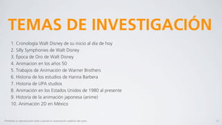 TEMAS DE INVESTIGACIÓN
      1. Cronología Walt Disney de su inicio al día de hoy
      2. Silly Symphonies de Walt Disney
      3. Época de Oro de Walt Disney
      4. Animacion en los años 50
      5. Trabajos de Animación de Warner Brothers
      6. Historia de los estudios de Hanna Barbera
      7. Historia de UPA studios
      8. Animación en los Estados Unidos de 1980 al presente
      9. Historia de la animación japonesa (anime)
      10. Animación 2D en México


Prohibida su reproducción total o parcial sin autorización explícita del autor.   11
 