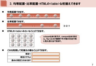 3. 均等配置・比率配置・HTMLの<table>な桁揃えできます

   均等配置できます。



   比率配置できます。
                                         ３：２：１

   HTMLの<table>みたいなことができます。

                          colspanはありますが、rowspanはありませ
                          ん。ちょっとだけ面倒ですが他の方法で同
                          じ見た目にはできます。



   これを利用して桁揃えの様なことができます。
                項目１
            項目２ですよ
      長めの項目３があります

                                                       7
 