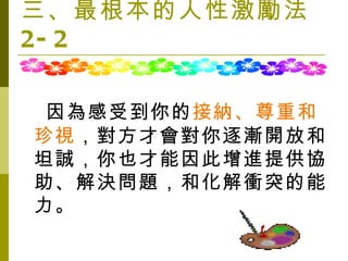 因為感受到你的 接納、尊重和珍視 ，對方才會對你逐漸開放和坦誠，你也才能因此增進提供協助、解決問題，和化解衝突的能力。 三、最根本的人性激勵法 2-2 