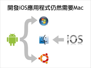 Titanium Mobile

‧Open Source (Apache 2.0)
‧支援平台: iOS, Android, BlackBerry(Beta)
‧開發平台: Mac OSX, Windows, Ubuntu
‧SDK: Titanium Mobile SDK 1.7.2
‧開發工具: Titanium Studio 1.04
 