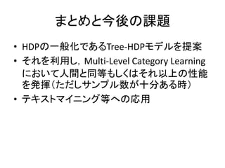 ޤȤȽn}
? HDPһ㻯ǤTree-HDPǥ᰸
? äMulti-Level Category Learning
  ˤgͬȤ⤷ϤϤ
  k]ץʮ֤r
? ƥȥޥ˥󥰵ȤؤΏ
 