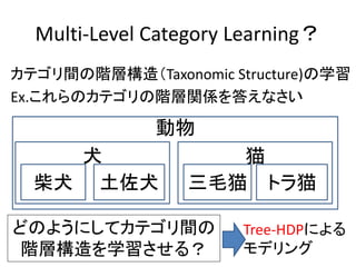 Multi-Level Category Learning
ƥgAӘ죨Taxonomic Structure)ѧ
Ex.ΥƥAvS𤨤ʤ

              
    Ȯ                è
  Ȯ Ȯ          ëè ȥè

ɤΤ褦ˤƥƥg          Tree-HDPˤ
 AӘѧ룿           ǥ
 