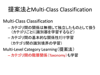 ᰸Multi-Class Classification
Multi-Class Classification
  C ƥgvSϟoҕƶΤȤƒQ
    ƥꤴȤReѧʤɣ
  C ƥgλĤvSԤѧ
   ƥgReѧ
Multi-Level Category Learning᰸
  C ƥgAvSTaxonomyѧ
 