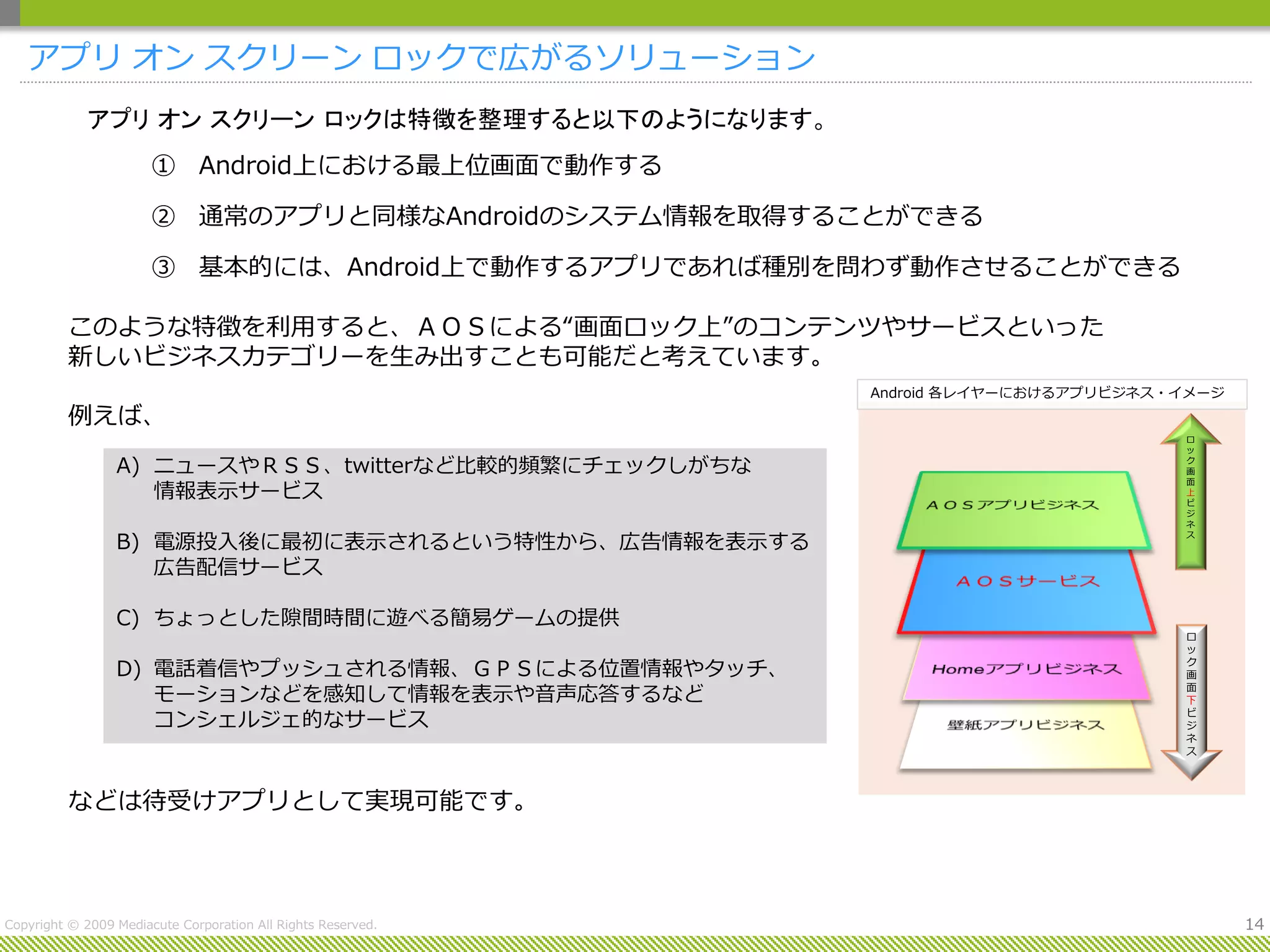 アプリ オン スクリーン ロックで広がるソリューション
             アプリ オン スクリーン ロックは特徴を整理すると以下のようになります。
                       ① Android上における最上位画面で動作する

                       ② 通常のアプリと同様なAndroidのシステム情報を取得することができる

                       ③ 基本的には、Android上で動作するアプリであれば種別を問わず動作させることができる

          このような特徴を利用すると、ＡＯＳによる“画面ロック上”のコンテンツやサービスといった
          新しいビジネスカテゴリーを生み出すことも可能だと考えています。
                                                              Android 各レイヤーにおけるアプリビジネス・イメージ
          例えば、
                                                                                       ロ
                                                                                       ッ

                 A) ニュースやＲＳＳ、twitterなど比較的頻繁にチェックしがちな                                   ク
                                                                                       画
                                                                                       面
                    情報表示サービス                                                           上
                                                                                       ビ
                                                                                       ジ
                                                                                       ネ

                 B) 電源投入後に最初に表示されるという特性から、広告情報を表示する
                                                                                       ス



                    広告配信サービス

                 C) ちょっとした隙間時間に遊べる簡易ゲームの提供
                                                                                       ロ
                                                                                       ッ

                 D) 電話着信やプッシュされる情報、ＧＰＳによる位置情報やタッチ、                                     ク
                                                                                       画

                    モーションなどを感知して情報を表示や音声応答するなど                                         面
                                                                                       下

                    コンシェルジェ的なサービス                                                      ビ
                                                                                       ジ
                                                                                       ネ
                                                                                       ス




          などは待受けアプリとして実現可能です。



Copyright © 2009 Mediacute Corporation All Rights Reserved.                                   14
 