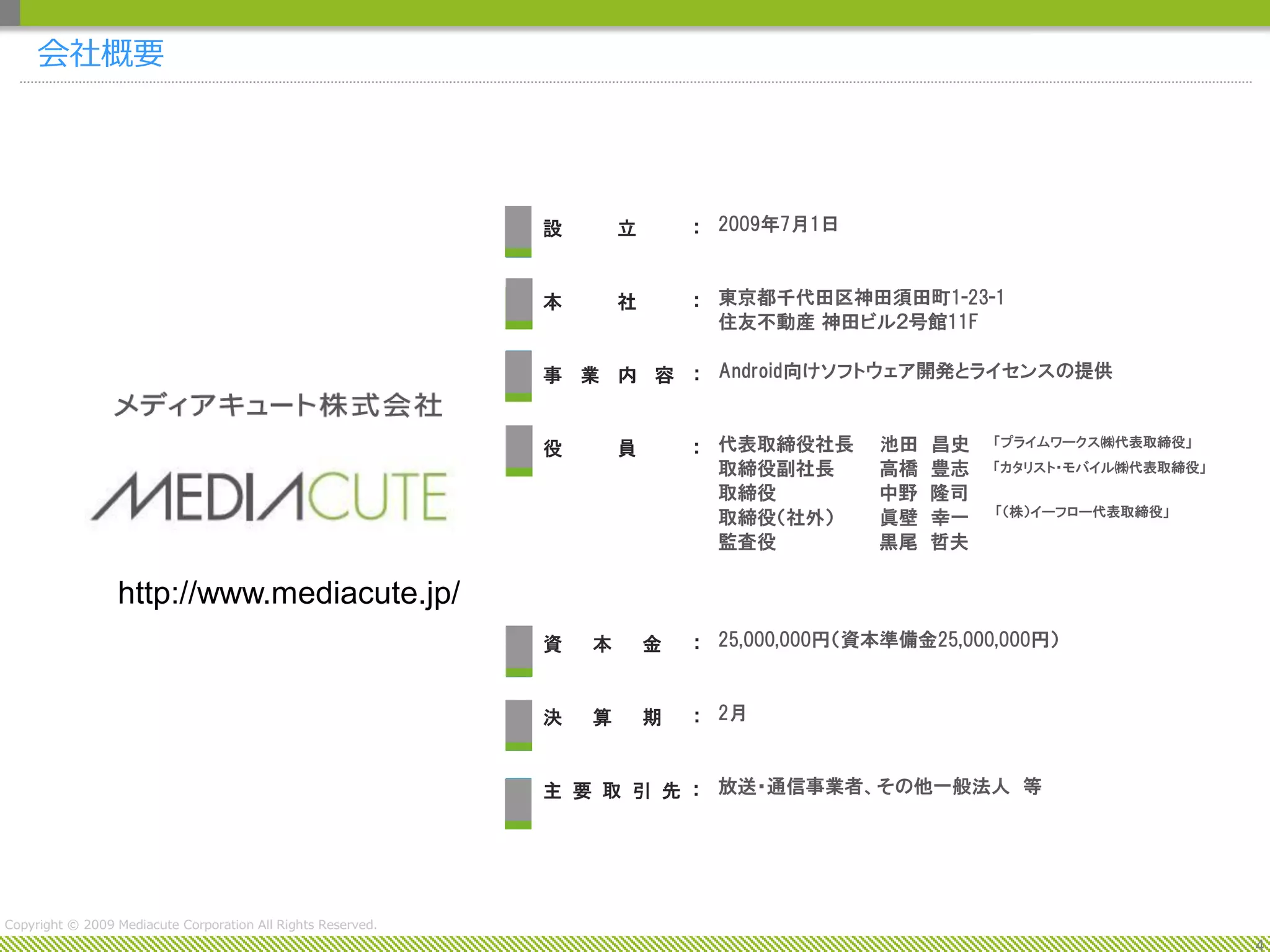 会社概要




                                                              設       立       ： 2009年7月1日


                                                              本       社       ： 東京都千代田区神田須田町1-23-1
                                                                                住友不動産 神田ビル２号館11F

                                                              事 業 内 容 ： Android向けソフトウェア開発とライセンスの提供


                                                              役       員       ： 代表取締役社長      池田   昌史   「プライムワークス㈱代表取締役」

                                                                                取締役副社長       高橋   豊志   「カタリスト・モバイル㈱代表取締役」
                                                                                取締役          中野   隆司
                                                                                                       「（株）イーフロー代表取締役」
                                                                                取締役（社外）      眞壁   幸一
                                                                                監査役          黒尾   哲夫

                 http://www.mediacute.jp/
                                                              資   本       金   ： 25,000,000円（資本準備金25,000,000円）


                                                              決   算       期   ： 2月


                                                              主 要 取 引 先 ： 放送・通信事業者、その他一般法人 等




Copyright © 2009 Mediacute Corporation All Rights Reserved.
                                                                                                                            4
 