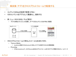 解決策：アプリをクロスプラットフォームで配信する

•   コンテンツはWebの技術で配信（HTML）
•   そのコンテンツをアプリとして最適化し、提供する

•   例：ニュースEX（KDDI、テレビ朝日）
    –   アプリ本体とウィジェットを除く、すべてのコンテンツはHTMLで配信


        Webサーバー                              アプリ内部処理



                          HTML5で配信                             アプリに最適化
                                                 データ
                                                 変換

          データ
          ベース


•   クロスプラットフォームに特化したツールも生まれてきた
    –   Titanium Mobile
          •   JavaScript言語でiOSとAndroidに対応したアプリを制作するための開発環境
    –   PhoneGap
          •   HTMLとJavaScriptで、iOSやAndroidを含む6プラットフォーム向けのアプリが開発できるフレームワーク



                              URL : http://www.asial.co.jp/ │ Copyright © 2011 Asial Corporation. All Rights Reserved. │ 2011/8/24 ｜   12
 