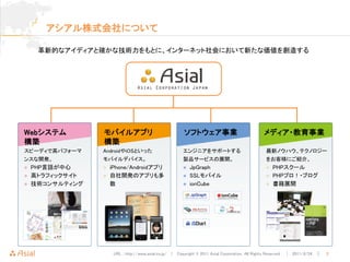 アシアル株式会社について

     革新的なアイディアと確かな技術力をもとに、インターネット社会において新たな価値を創造する




Webシステム          モバイルアプリ                                ソフトウェア事業                                メディア・教育事業
構築               構築
スピーディで高パフォーマ     AndroidやiOSといった                        エンジニアをサポートする                             最新ノウハウ、テクノロジー
ンスな開発。           モバイルデバイス。                              製品サービスの展開。                               をお客様にご紹介。
   PHP言語が中心        iPhone/Androidアプリ                     JpGraph                                 PHPスクール
   高トラフィックサイト      自社開発のアプリも多                            SSLモバイル                                 PHPプロ！・ブログ
   技術コンサルティング       数                                     ionCube                                 書籍展開




                      URL : http://www.asial.co.jp/ │ Copyright © 2011 Asial Corporation. All Rights Reserved. │ 2011/8/24 ｜   2
 