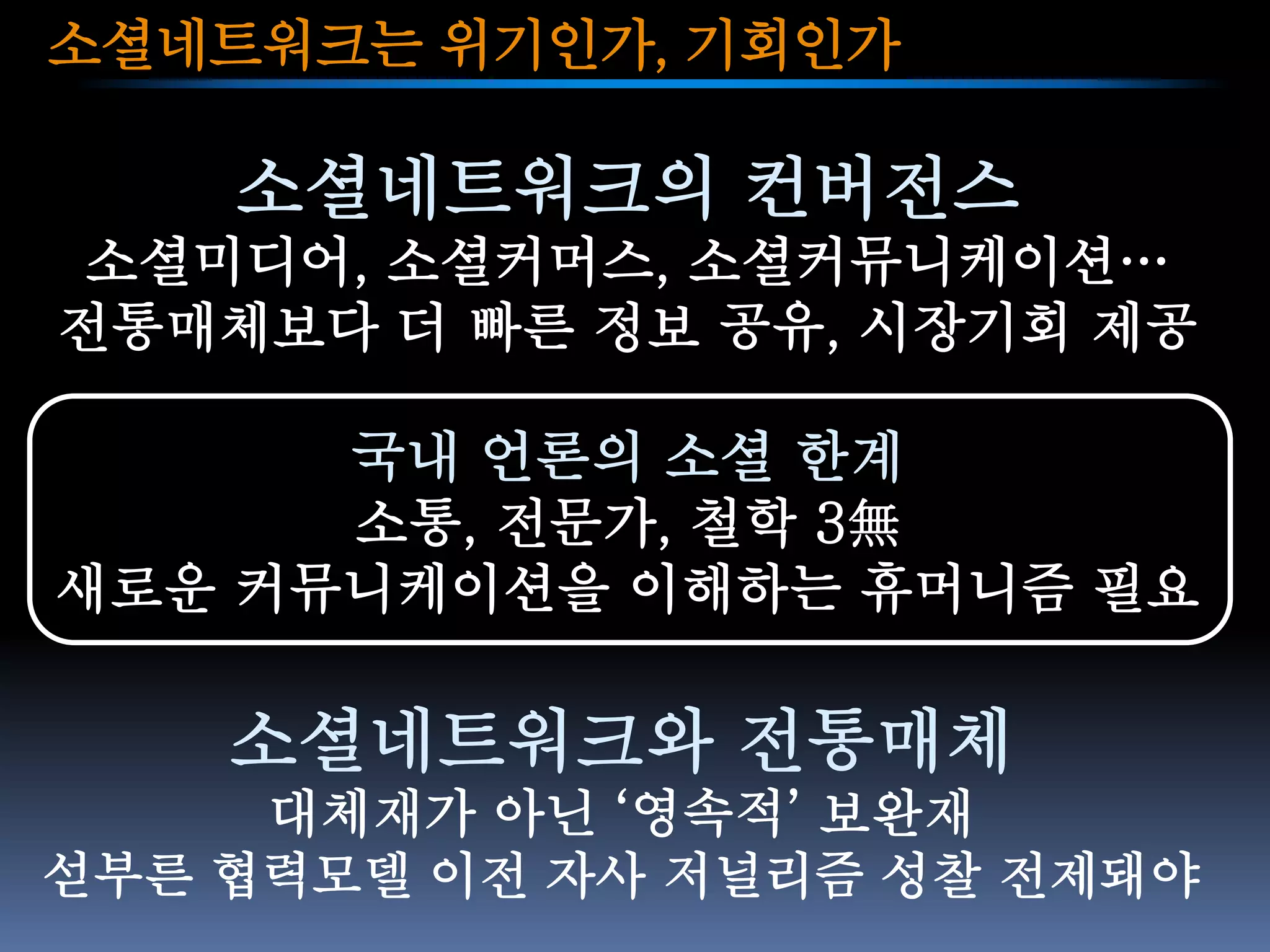 소셜네트워크는 위기인가, 기회인가

    소셜네트워크의 컨버전스
 소셜미디어, 소셜커머스, 소셜커뮤니케이션…
전통매체보다 더 빠른 정보 공유, 시장기회 제공

      국내 언론의 소셜 한계
      소통, 전문가, 철학 3無
새로운 커뮤니케이션을 이해하는 휴머니즘 필요

    소셜네트워크와 전통매체
     대체재가 아닌 ‘영속적’ 보완재
섣부른 협력모델 이전 자사 저널리즘 성찰 전제돼야
 