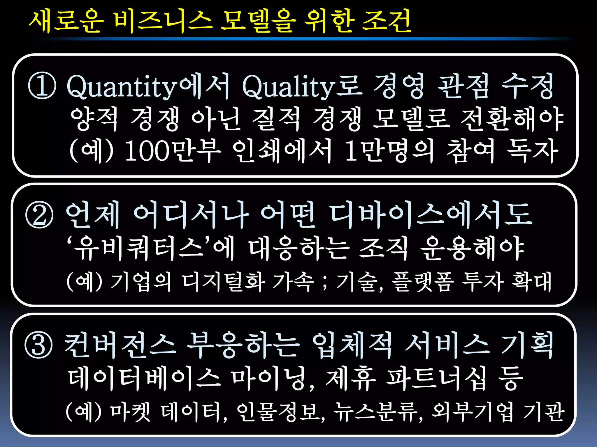 새로운 비즈니스 모델을 위한 조건

① Quantity에서 Quality로 경영 관점 수정
  양적 경쟁 아닌 질적 경쟁 모델로 전환해야
  (예) 100만부 인쇄에서 1만명의 참여 독자

② 언제 어디서나 어떤 디바이스에서도
  ‘유비쿼터스’에 대응하는 조직 운용해야
  (예) 기업의 디지털화 가속 ; 기술, 플랫폼 투자 확대


③ 컨버전스 부응하는 입체적 서비스 기획
  데이터베이스 마이닝, 제휴 파트너십 등
  (예) 마켓 데이터, 인물정보, 뉴스분류, 외부기업 기관
 