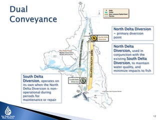North Delta Diversion
- primary diversion
point
North Delta
Diversion, used in
conjunction with the
existing South Delta
Diversion, to maintain
water quality, and
minimize impacts to fish
South Delta
Diversion, operates on
its own when the North
Delta Diversion is non-
operational during
periods for
maintenance or repair
12
 